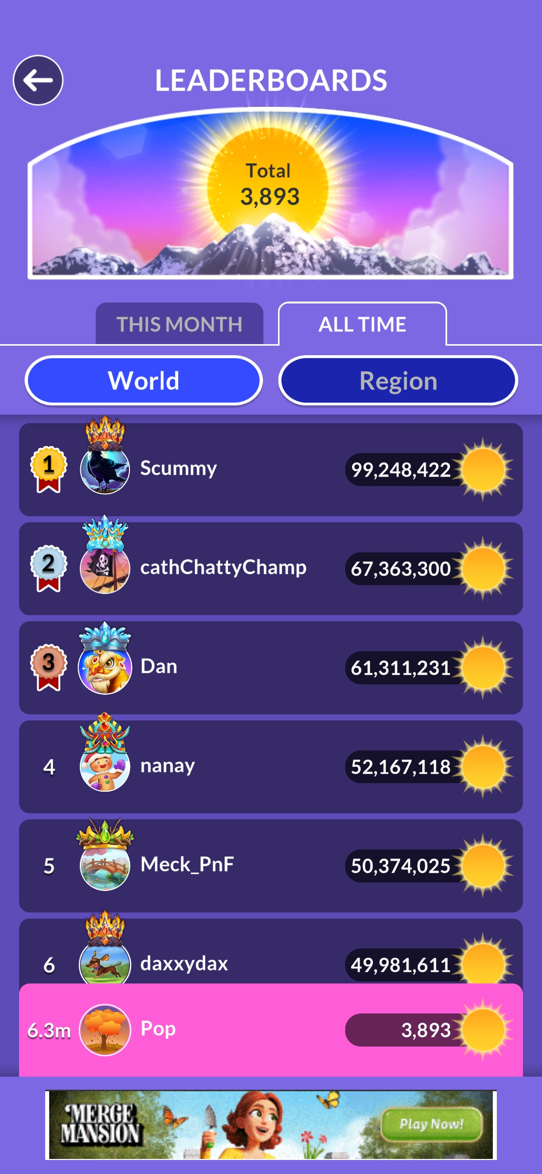 Wordscapes leaderboard update April 16 2026 POP score 3893 rank 6.3m