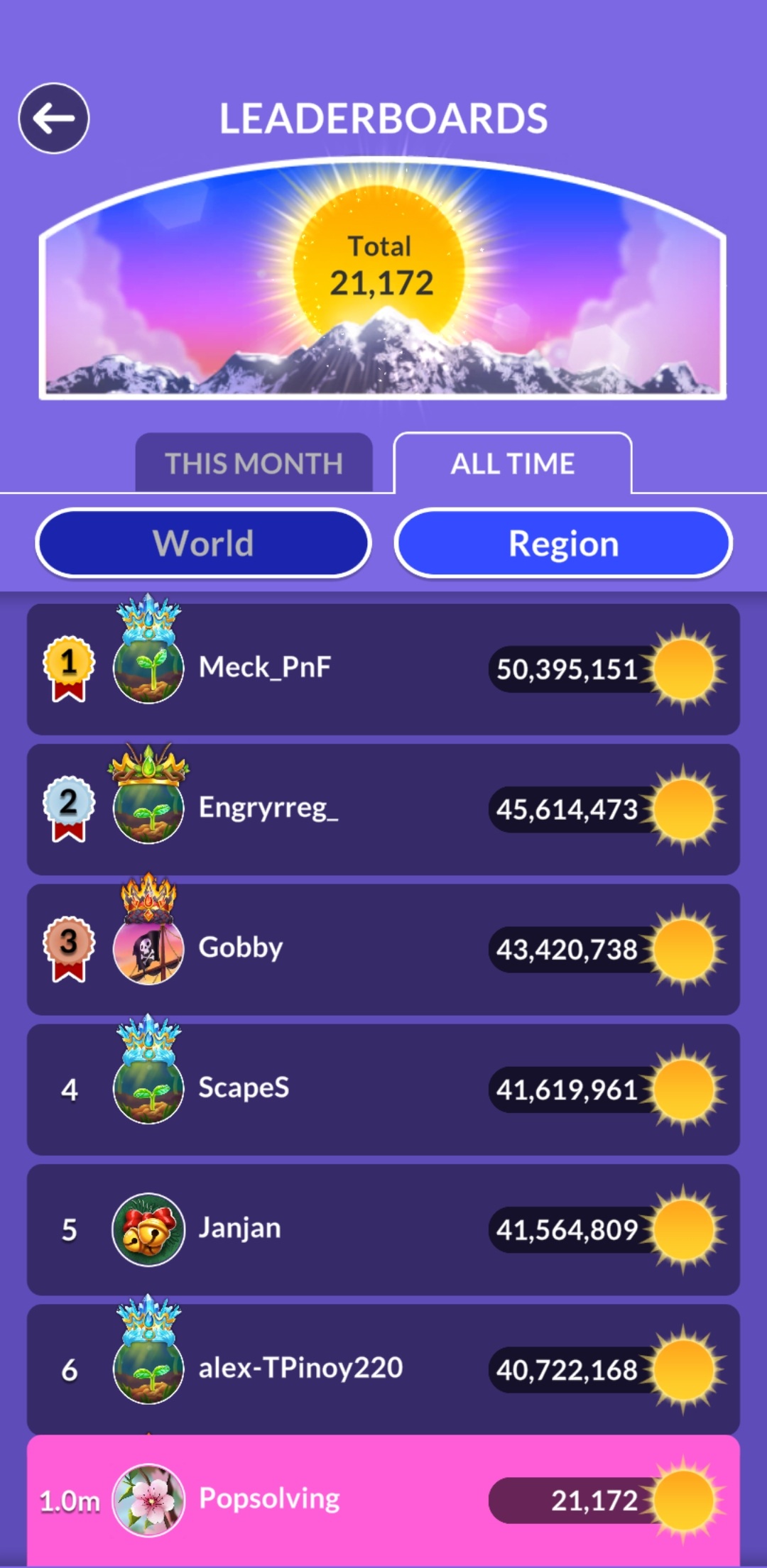 Wordscapes leaderboard update April 24 2026 POP Solving score 21172 rank 1.0m
