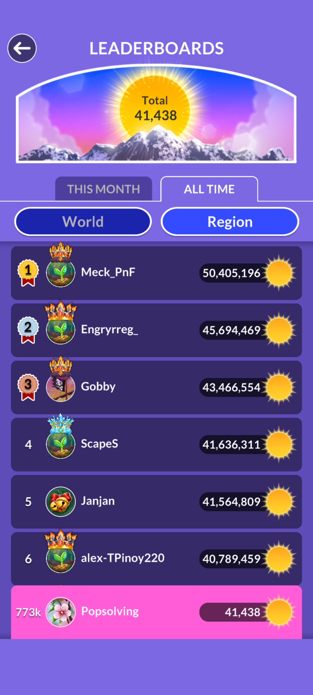 Wordscapes leaderboard update April 28 2026 POP Solving score 41438 rank 773k