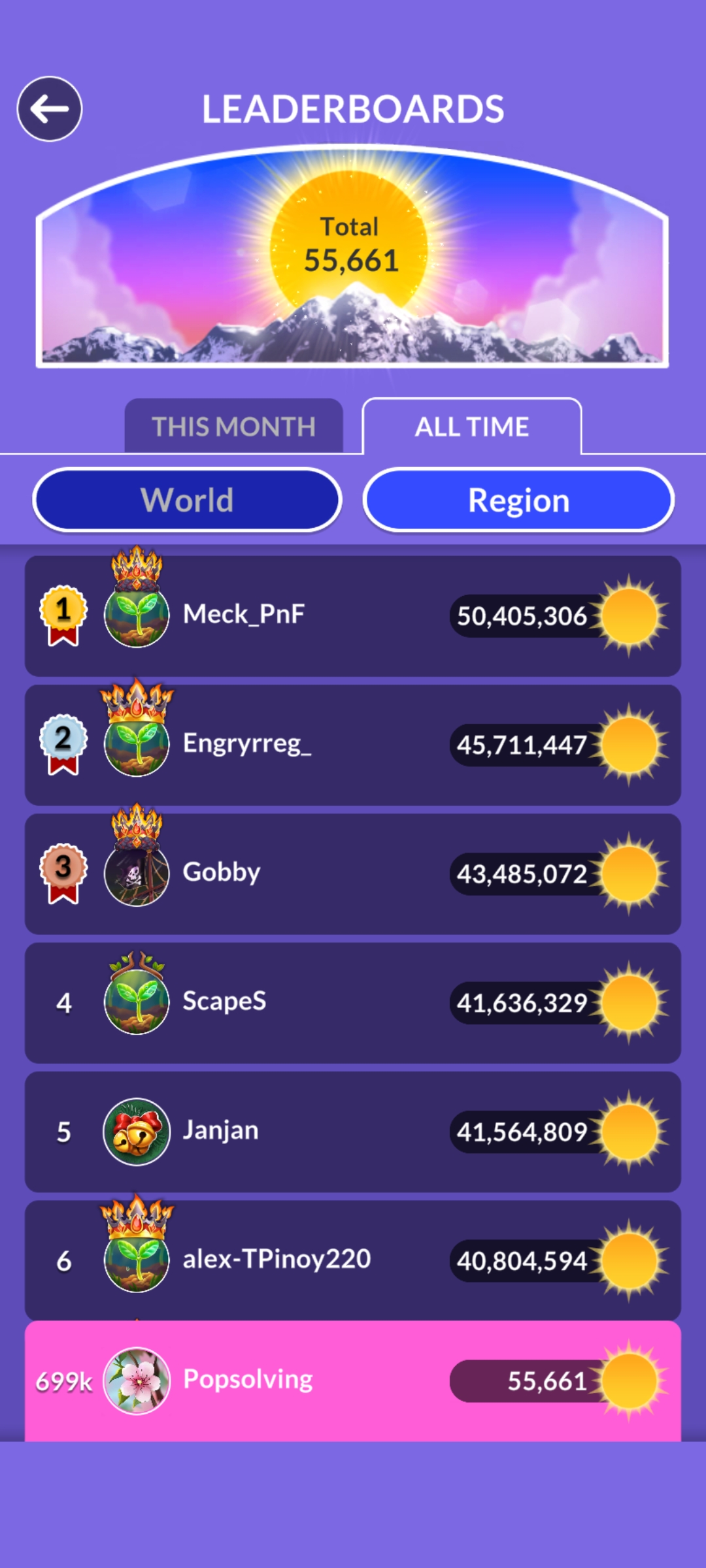 Wordscapes leaderboard update April 30 2026 POP Solving score 55661 rank 699k
