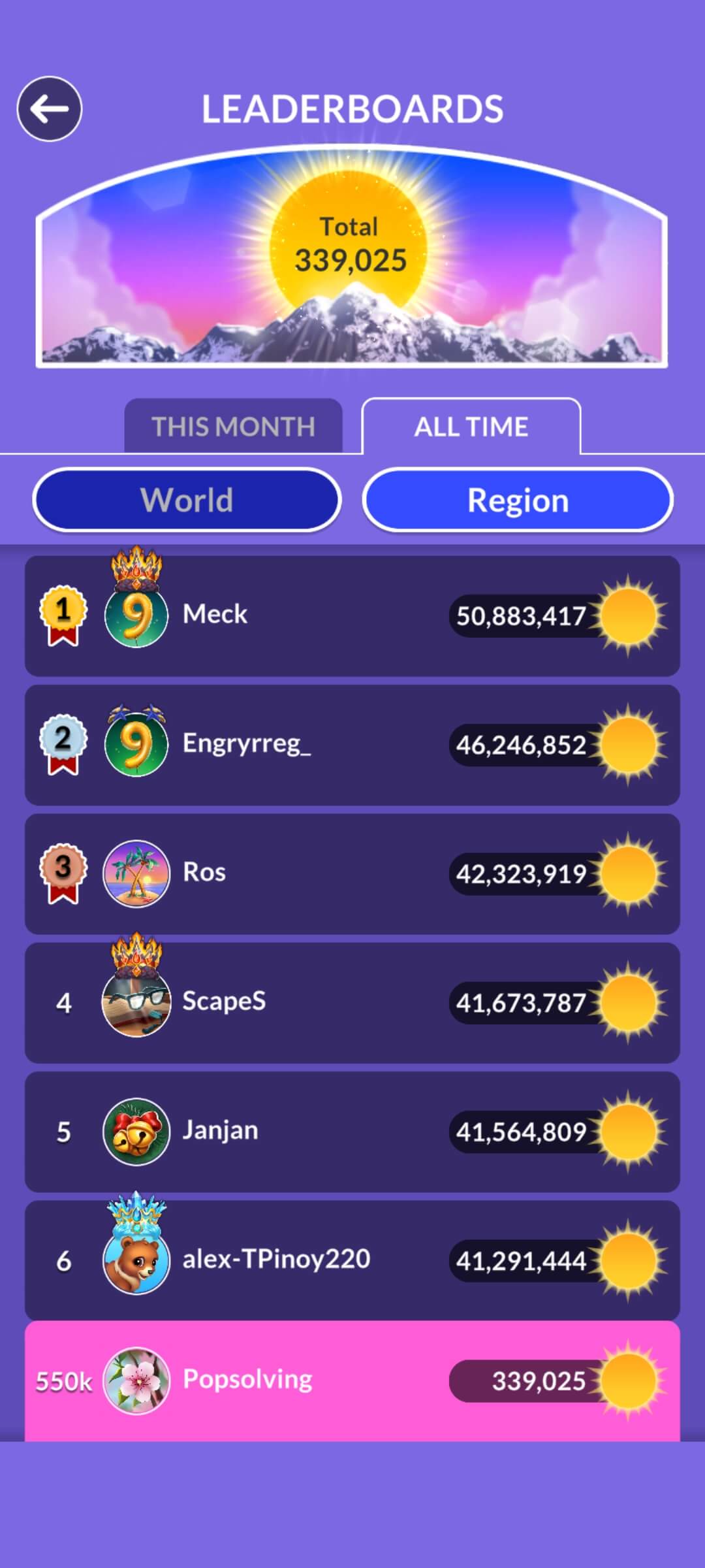 Wordscapes leaderboard update June 08 2026 POP Solving score 339025 rank 550k