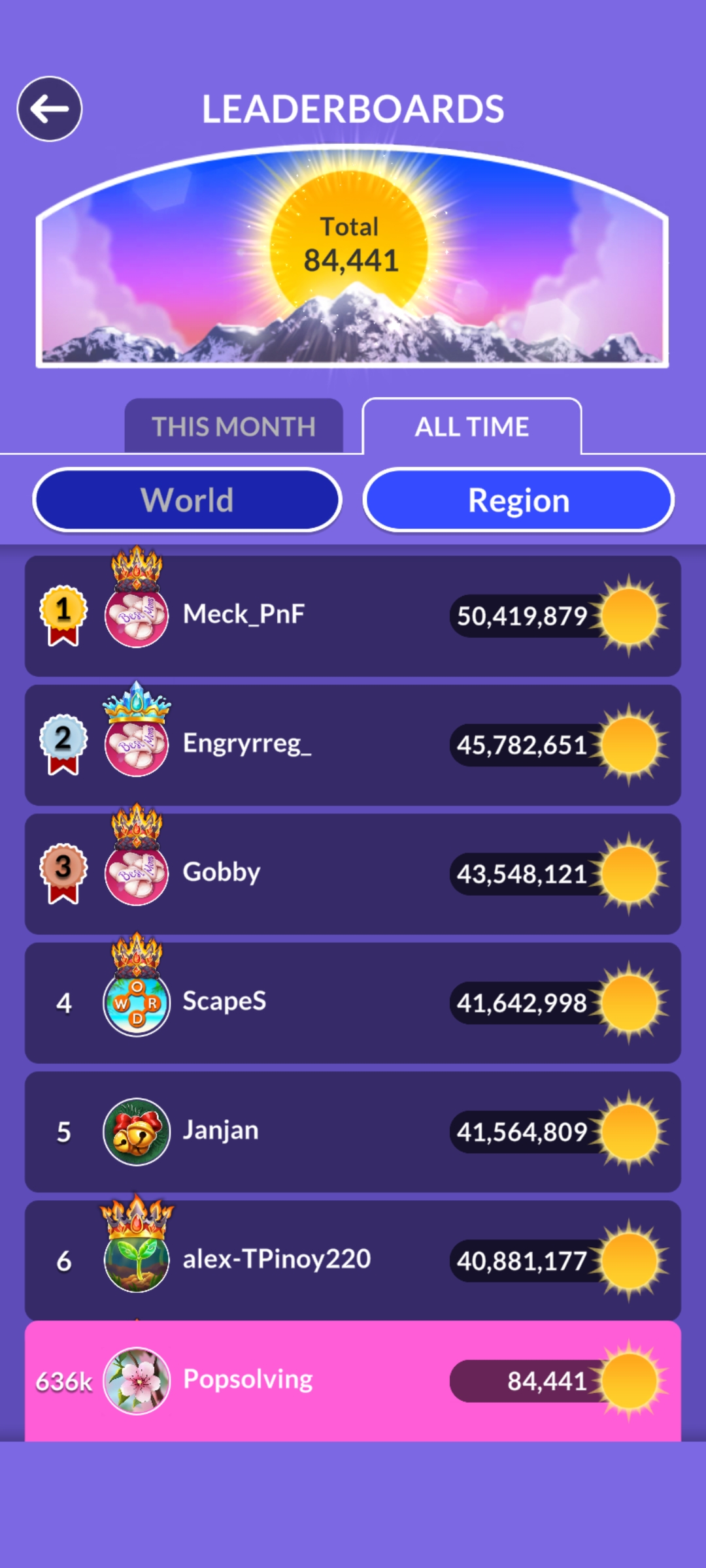 Wordscapes leaderboard update May 04 2026 POP Solving score 84441 rank 636k