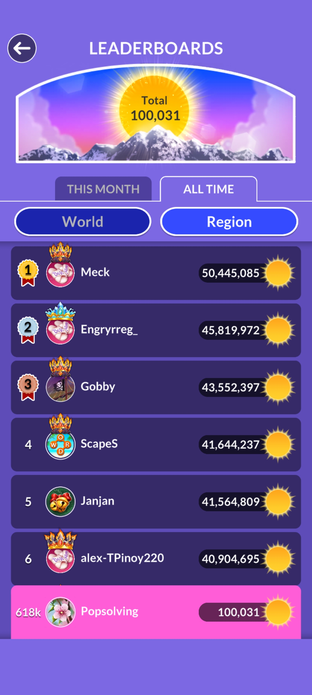 Wordscapes leaderboard update May 07 2026 POP Solving score 100031 rank 618k