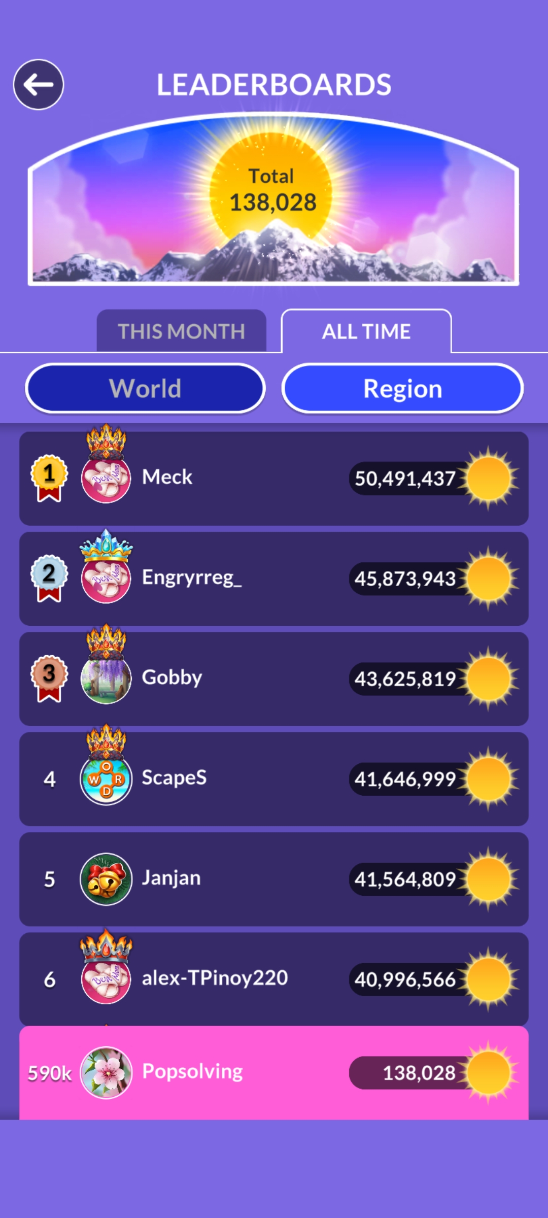 Wordscapes leaderboard update May 11 2026 POP Solving score 138028 rank 590k