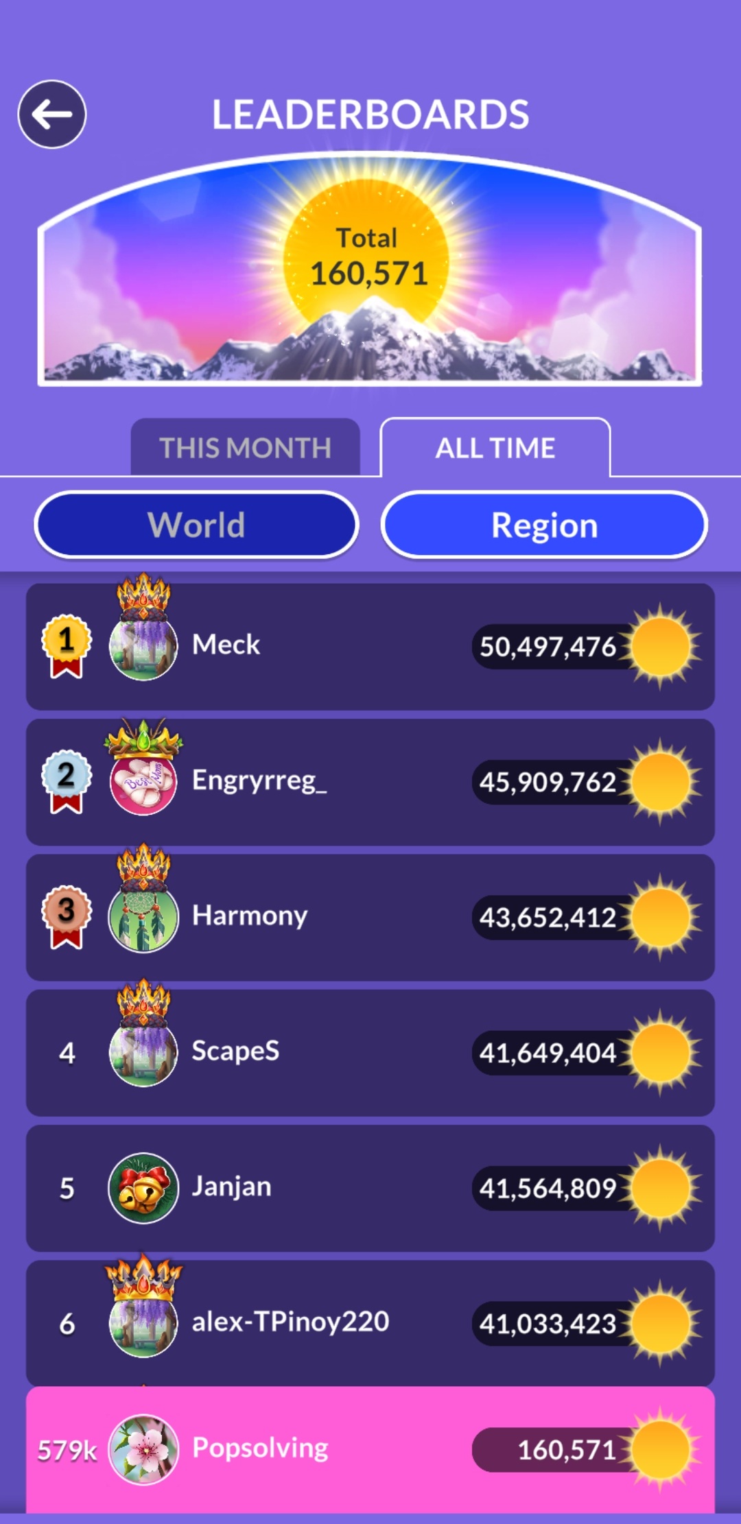 Wordscapes leaderboard update May 14 2026 POP Solving score 160571 rank 579km