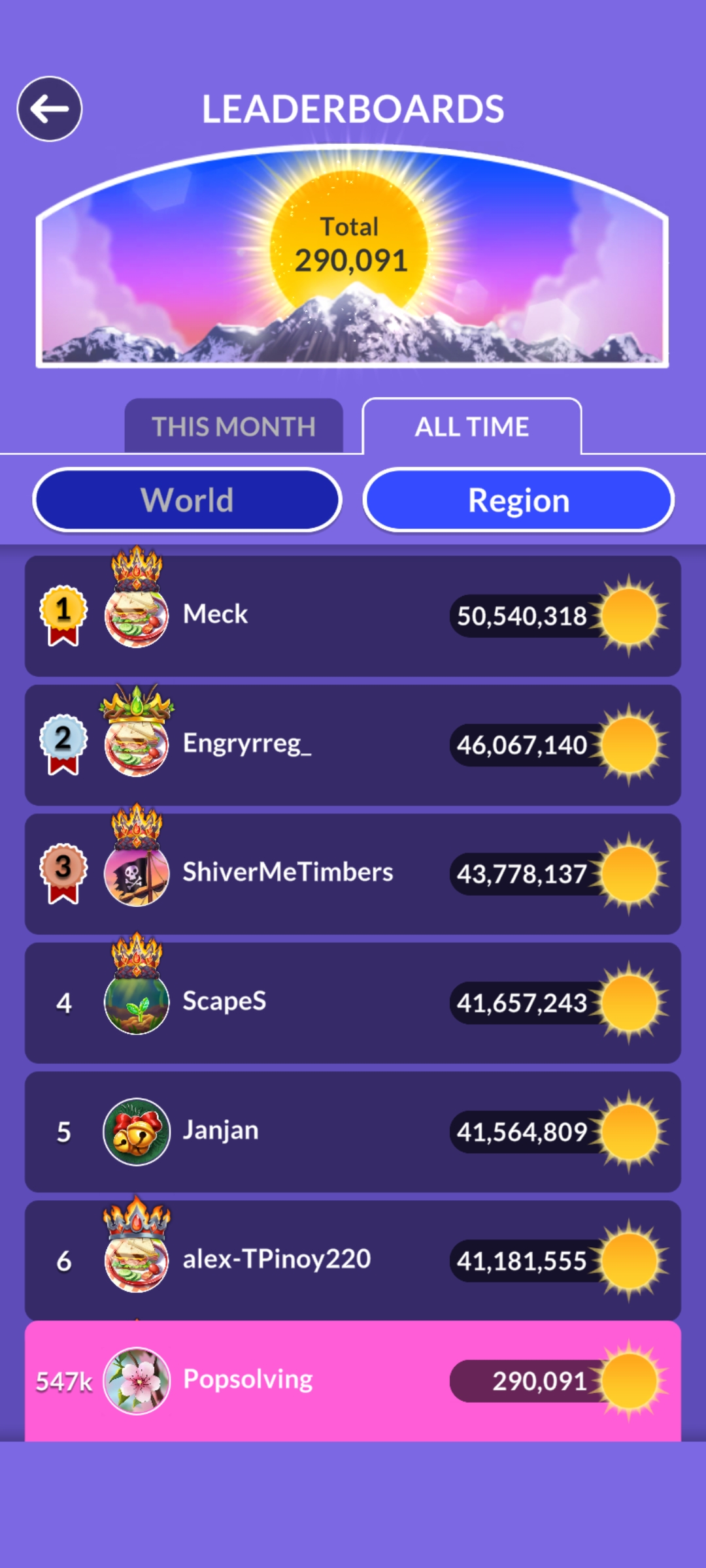 Wordscapes leaderboard update May 25 2026 POP Solving score 290091 rank 547k