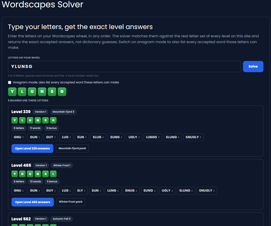 Wordscapes Solvers example of use