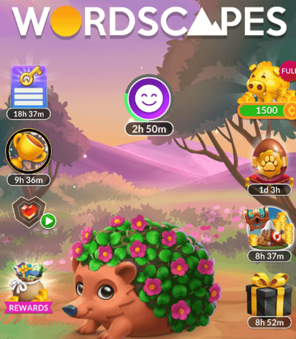 Wordscapes home screen with the new Rewards icon at the bottom left